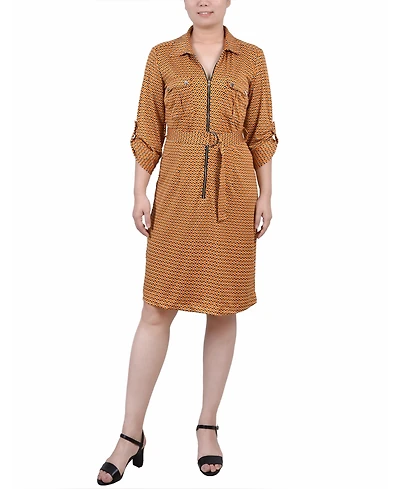 Ny Collection Petite Belted Roll Tab Zip Front Shirtdress