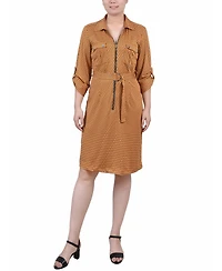 Ny Collection Petite Belted Roll Tab Zip Front Shirtdress