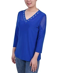 Ny Collection Petite Long Sleeve Top with Mesh Insets