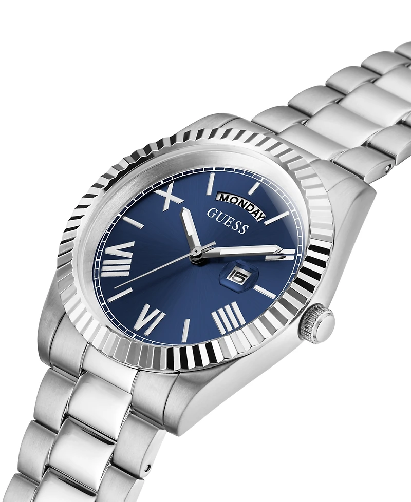 Guess Men's Silver-Tone Stainless Steel Bracelet, Day, Date Watch, 42mm