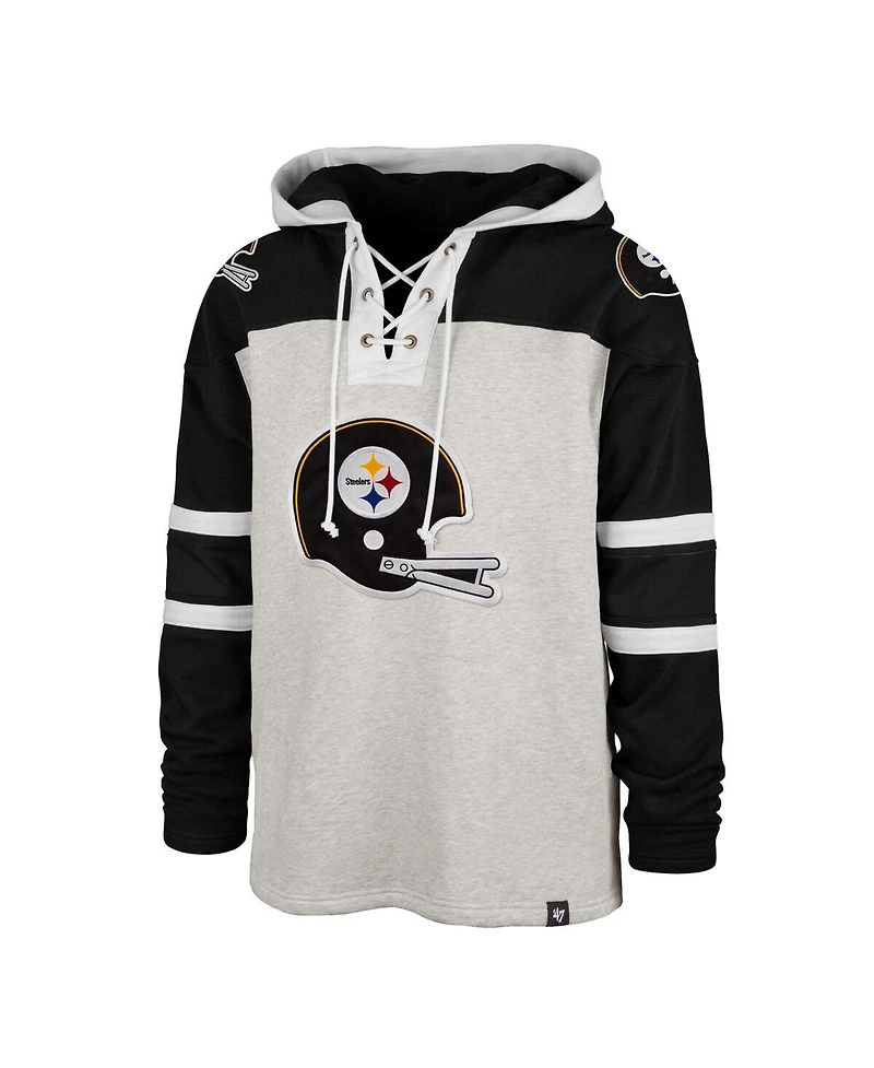 Men's '47 Pittsburgh Steelers Gray Gridiron Lace-Up Pullover Hoodie