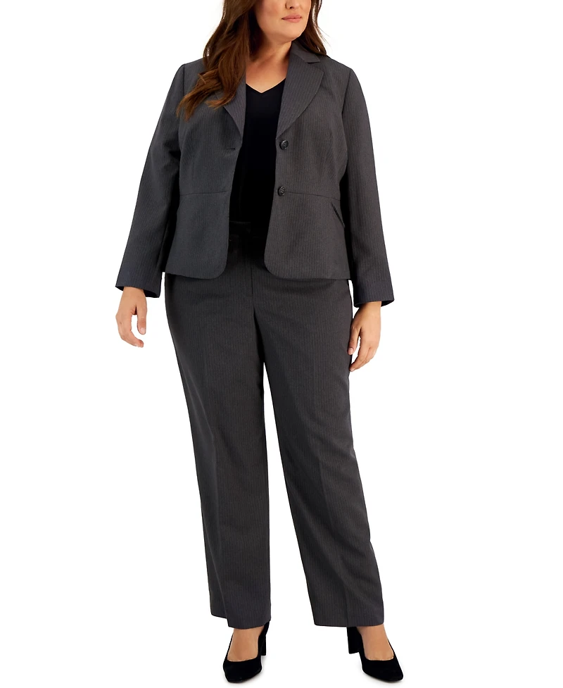 Le Suit Plus Two-Button Pinstriped Pantsuit Set