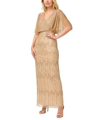 Adrianna Papell Women's Beaded Flutter-Sleeve Blouson Gown