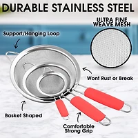 Premium Stainless Steel Fine Mesh Strainer Set - Strainers for Kitchen (Set of 3) with Non-slip Handles
