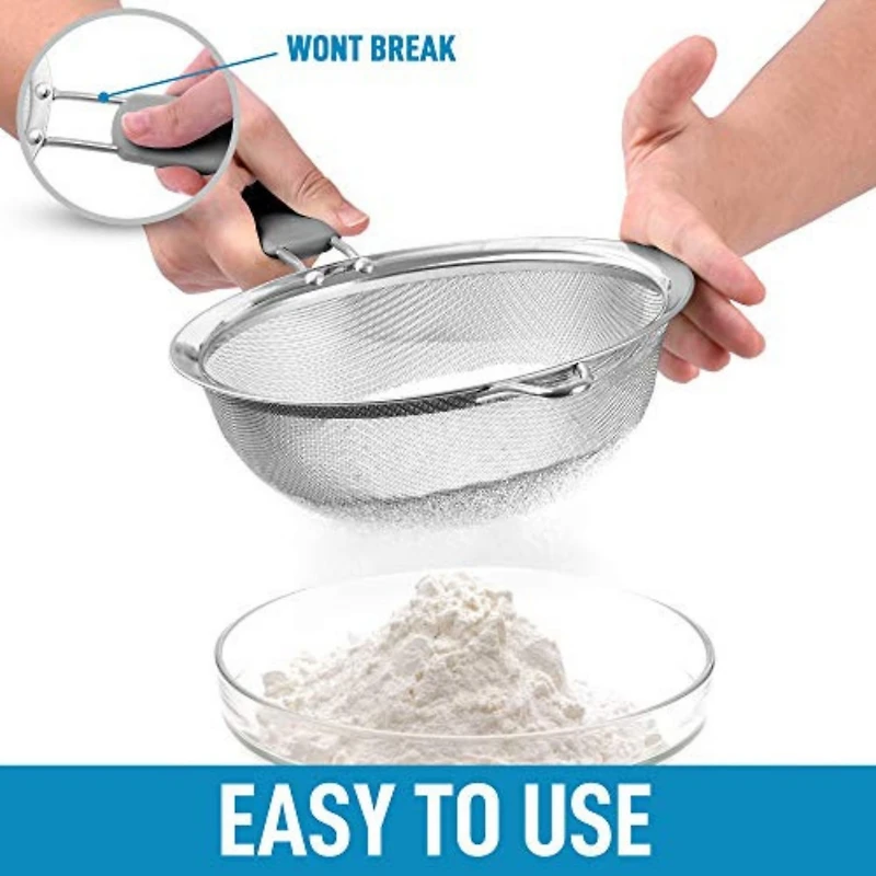 Premium Stainless Steel Fine Mesh Strainer Set - Strainers for Kitchen (Set of 3) with Non-slip Handles