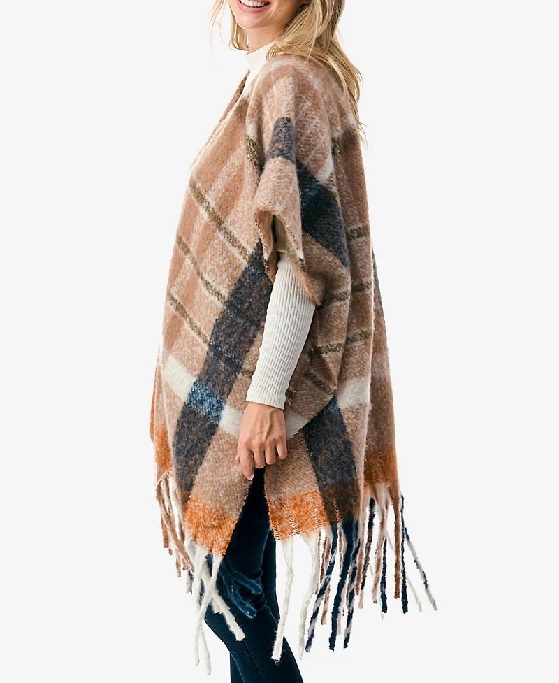 Marcus Adler Women's Plaid Poncho with Fringe Detail