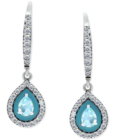 Giani Bernini Blue Topaz (1/3 ct. t.w.), Cubic Zirconia, & Enamel Pear Dangle Hoop Earrings in Sterling Silver, Created for Macy's