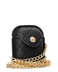 Anne Klein Women's Black Faux Leather Quilted Case with Crossbody Chain designed for AirPods