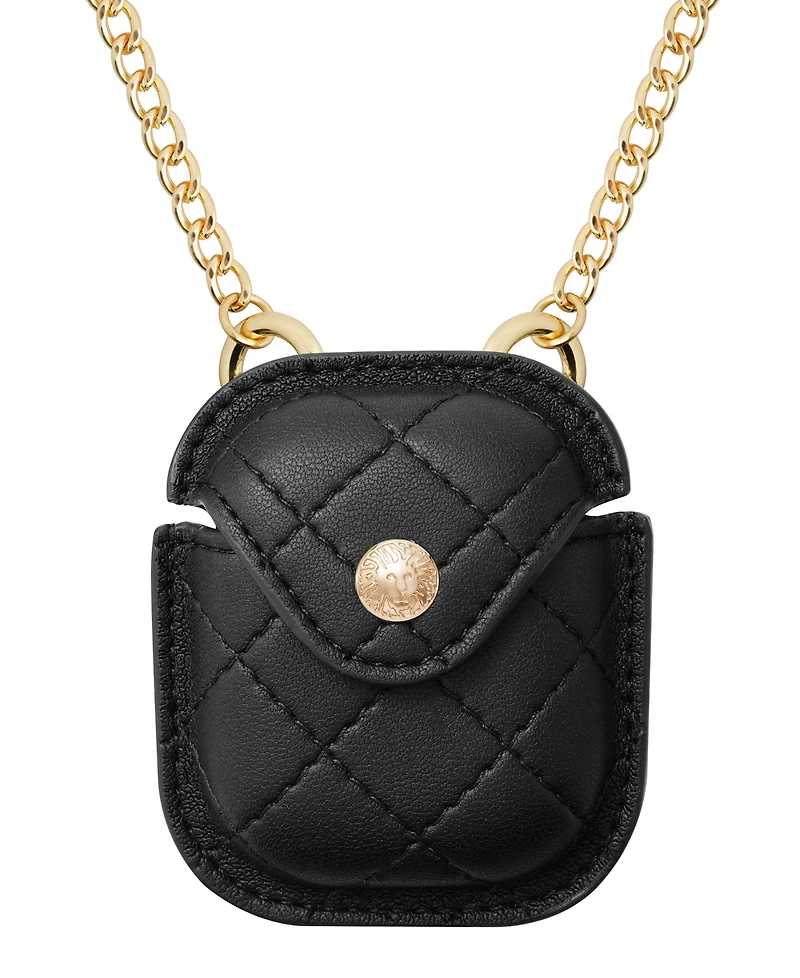 Anne Klein Women's Black Faux Leather Quilted Case with Crossbody Chain designed for AirPods