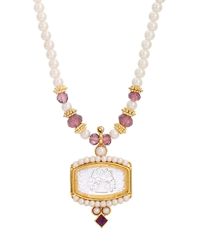 2028 Gold-Tone Imitation Pearl Etched Glass Intaglio Stone Necklace