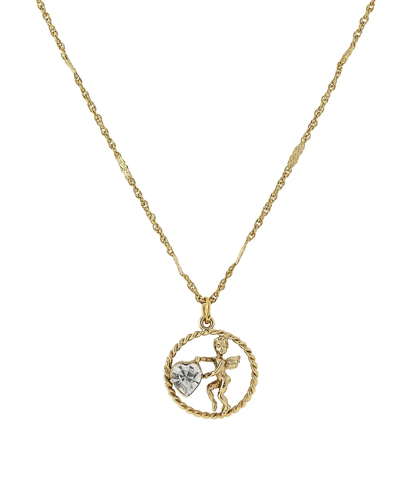 2028 Gold-Tone Suspended Cherub Angel and Clear Crystal Heart Necklace