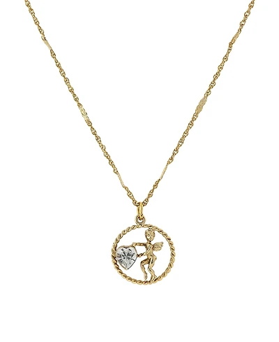 2028 Gold-Tone Suspended Cherub Angel and Clear Crystal Heart Necklace