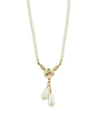 2028 Gold-Tone Porcelain Rose and Imitation Pearl Drop Necklace