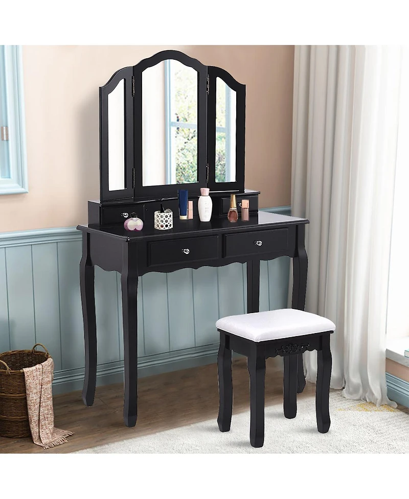 Costway Makeup Table Stool Set Tri Folding Mirror Vanity