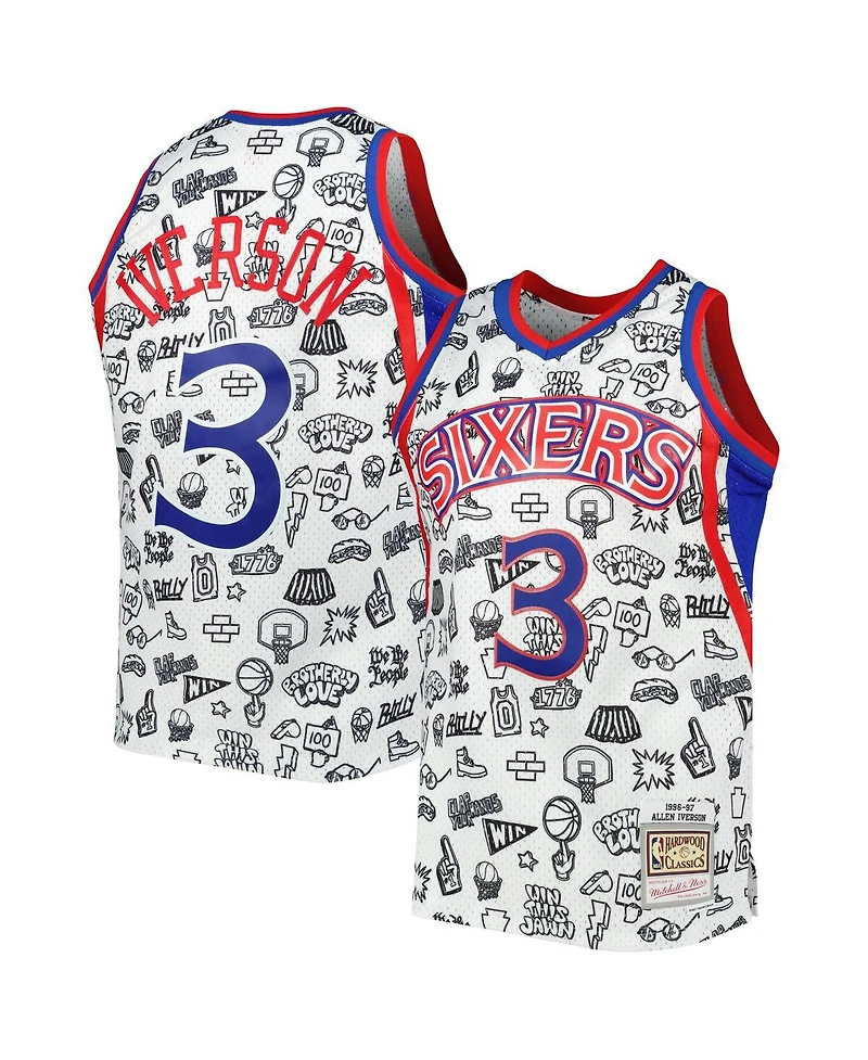 Men's Mitchell & Ness Allen Iverson White Philadelphia 76ers 1996-97 Hardwood Classics Doodle Swingman Jersey