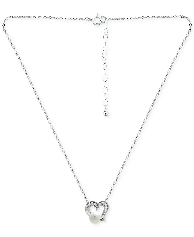 Giani Bernini Freshwater Pearl (5mm) & Cubic Zirconia Open Heart Pendant Necklace, 16" + 2" extender, Created for Macy's