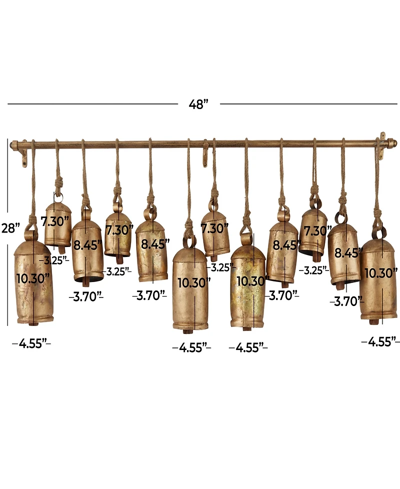 Rosemary Lane Bronze Metal Tibetan Inspired Meditation Decorative Cow Bell with Jute Hanging Rope and Rod 48" x 6" x 20"