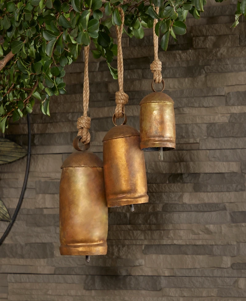 Rosemary Lane Bronze Metal Rustic Decorative Cow Bell with Jute Hanging Rope Set 3 Pieces
