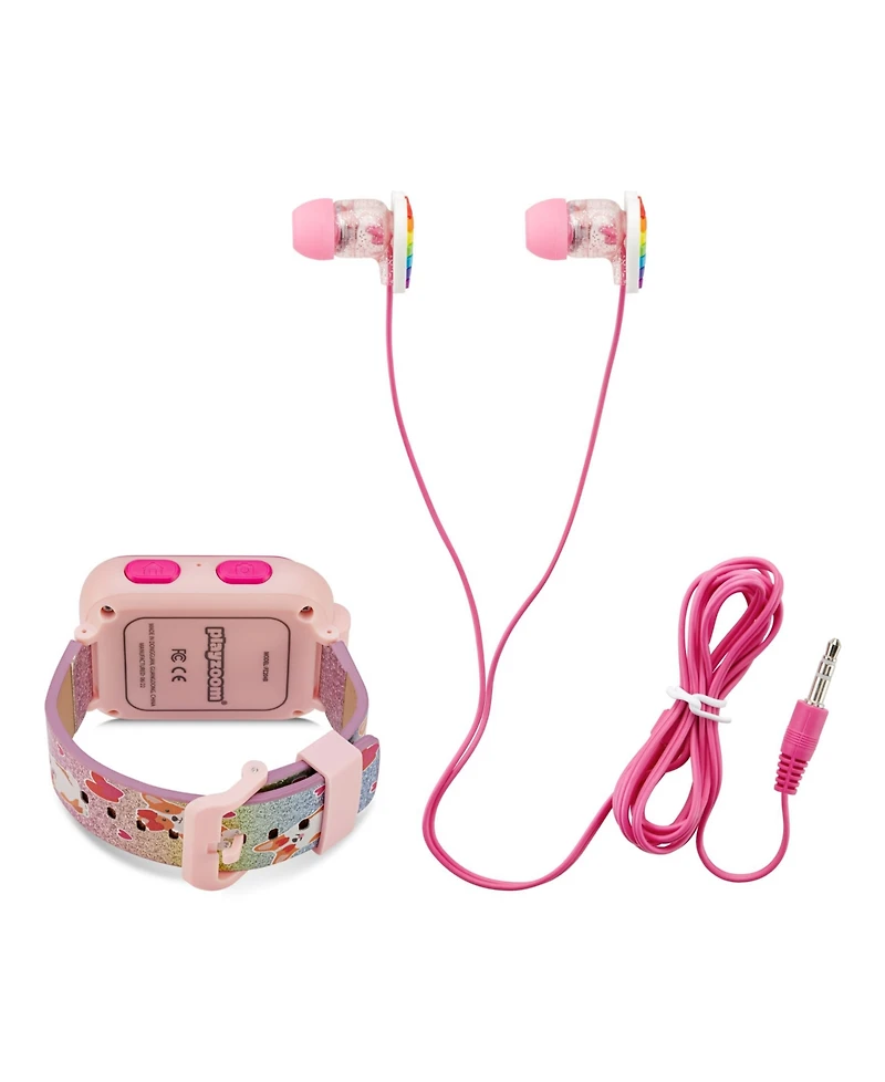 Playzoom Kid's Rainbow Glitter Corgi Dog Silicone Strap Touchscreen Smart Watch 42mm with Earbuds Gift Set