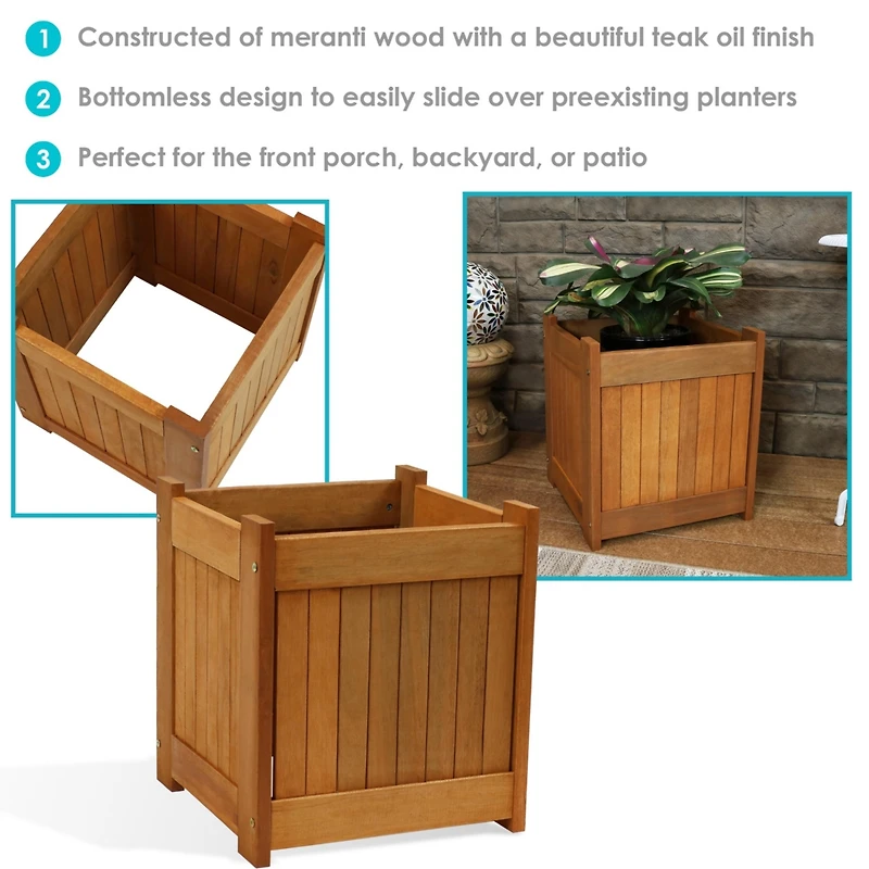 Meranti Wood 16-Inch Square Planter Box with Teak Oil Finish - Set of 2
