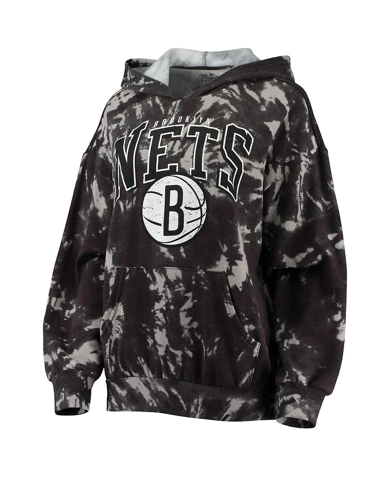 Women's Majestic Threads Black Brooklyn Nets Burble Tie-Dye Tri-Blend Pullover Hoodie