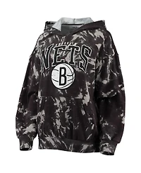 Women's Majestic Threads Black Brooklyn Nets Burble Tie-Dye Tri-Blend Pullover Hoodie