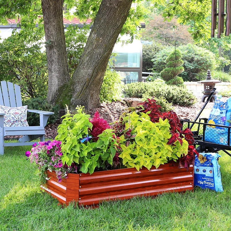 11.75" H Raised Metal Garden Bed - Galvanized Raised Garden Bed Outdoor for Vegetables and Flowers - Woodgrain