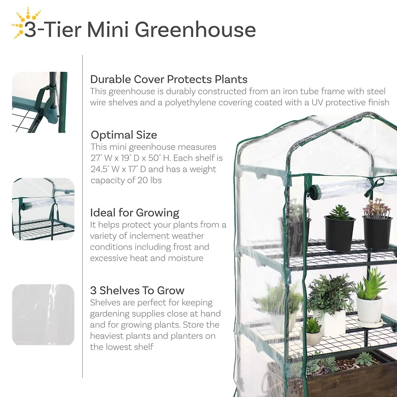 Outdoor Portable 3-Tier Mini Greenhouse with Roll-up Zippered Door and Steel Wire Shelves