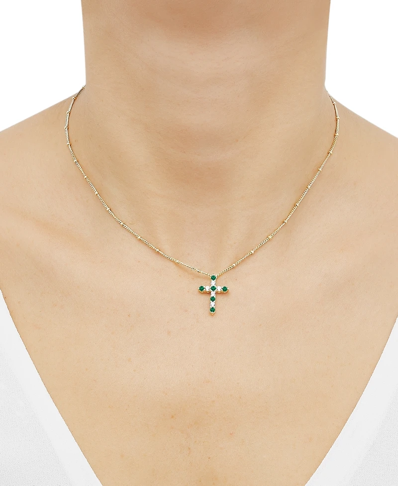 Lab-Grown Emerald (1/4 ct. t.w.) & Lab-Grown White Sapphire (1/3 ct. t.w.) Cross Pendant Necklace in 14k Gold-Plated Sterling Silver, 16" + 2" extende