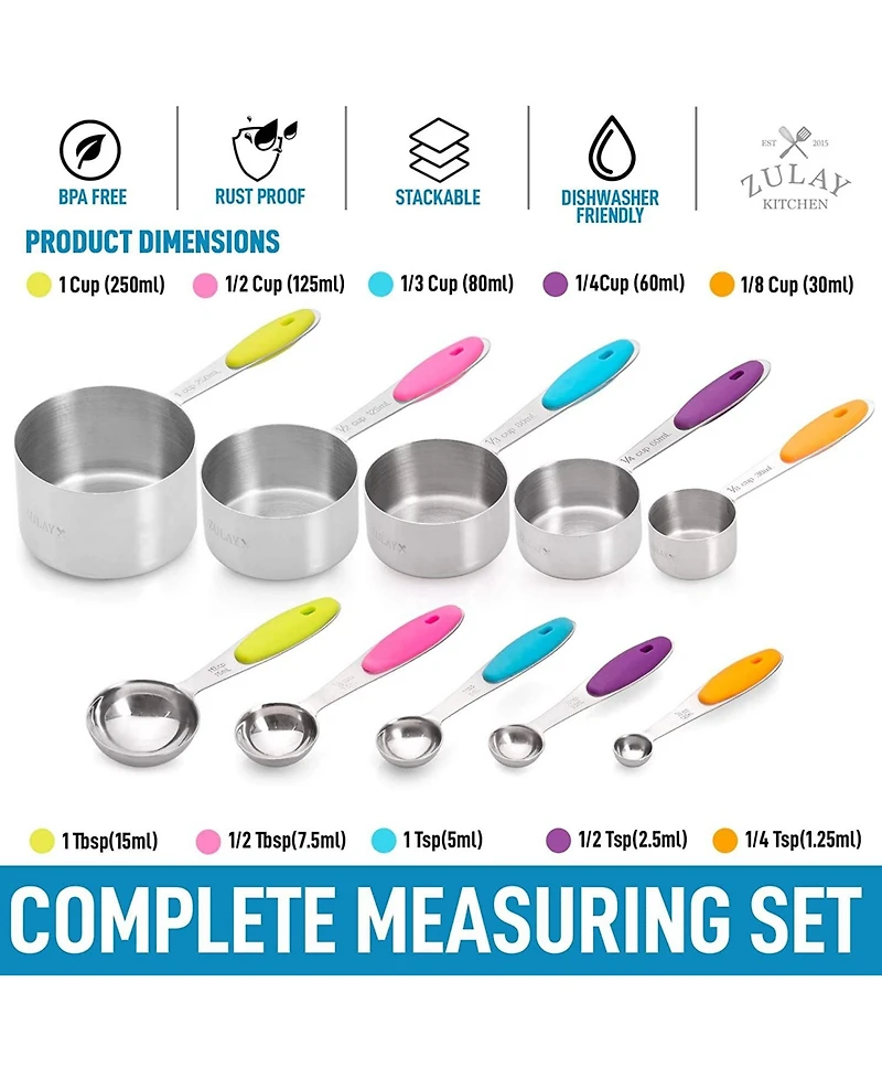 Set of 10 Stackable Stainless Steel Metal Measuring Cups and Spoons with Silicone Handles