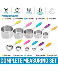 Set of 10 Stackable Stainless Steel Metal Measuring Cups and Spoons with Silicone Handles