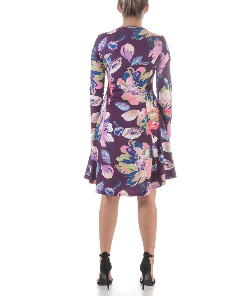 24seven Comfort Apparel Women's Floral Long Sleeve Knee Length Dress