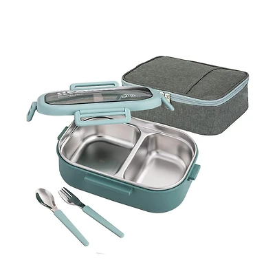 Lille Home 28OZ Compartment Bento Lunch Box With Lunch Bag And Cutlery Set, Green