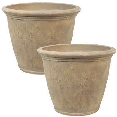 Anjelica 24" Double-Walled Polyresin Outdoor Planter with Uv-Resistant Beige Finish - Set of 2
