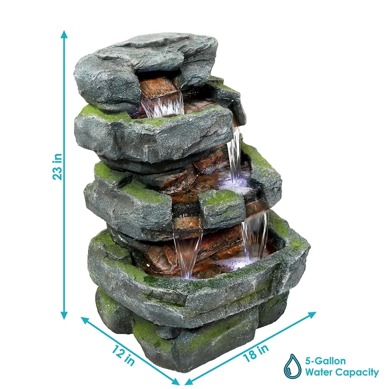 Sunnydaze Decor 23-Inch Stone Waterfall Polyresin and Fiberglass Outdoor Tiered Fountain with Led Lights