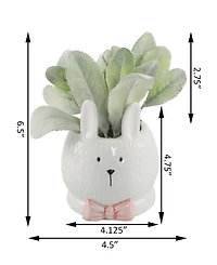 Flora Bunda Lamb's Ear Ceramic Bunny with Pink Bow, 4"