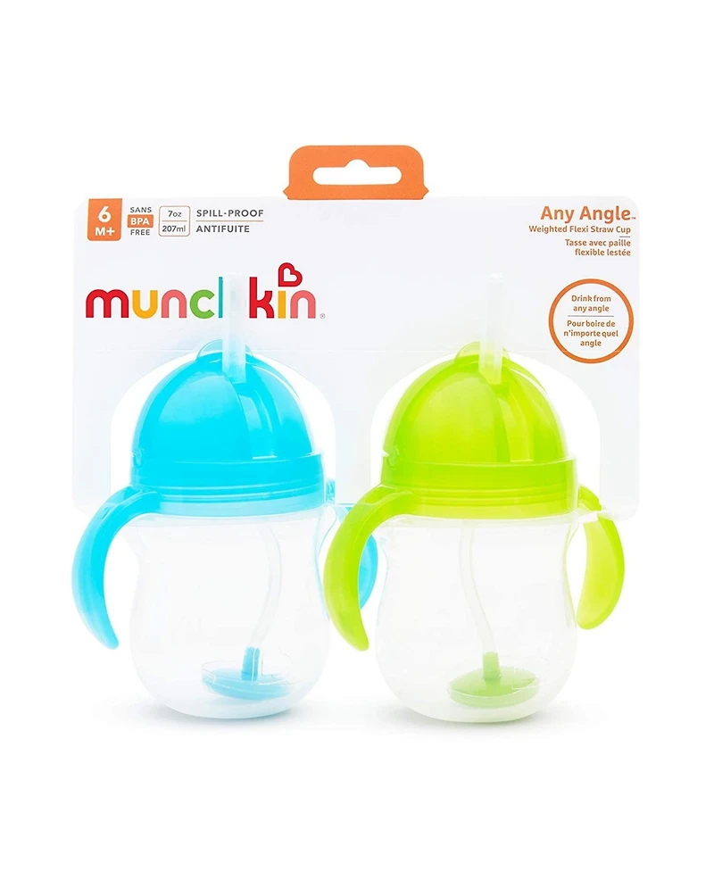 Munchkin Toddler Click Lock Weighted Straw Cup, 7 Ounce, Blue/Green, Pack of 2