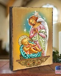 Designocracy Icon Blessing Angel with Child Wall Art on Wood 8"