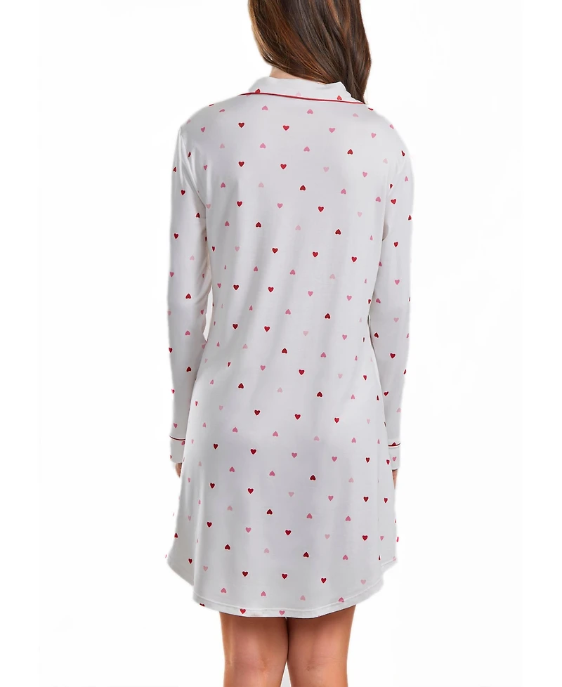 iCollection Women's Kyley Heart Print Button Down Sleep Shirt with Contrast Red Trim