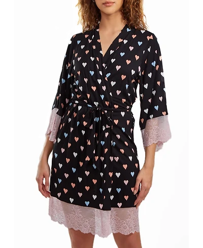 iCollection women's Tobey Modal Hearts Robe Trimmed Contrast Lace with Self Tie Sash