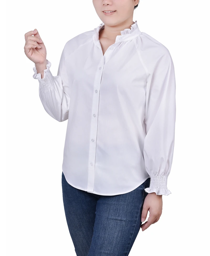 Ny Collection Petite Cinch Sleeve Button Front Blouse
