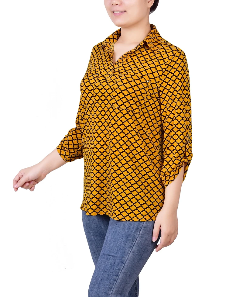 Ny Collection Petite 3/4 Ruched Sleeve Studded Y-neck Top