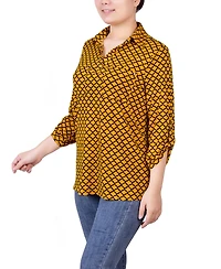 Ny Collection Petite 3/4 Ruched Sleeve Studded Y-neck Top