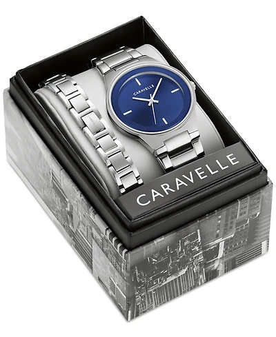 Caravelle designed by Bulova Men's Modern Stainless Steel Bracelet Watch 40mm Gift Set