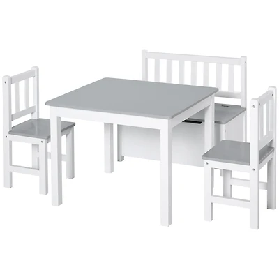 Qaba 4-Piece Kids Table Set with 2 Wooden Chairs, 1 Storage Bench,