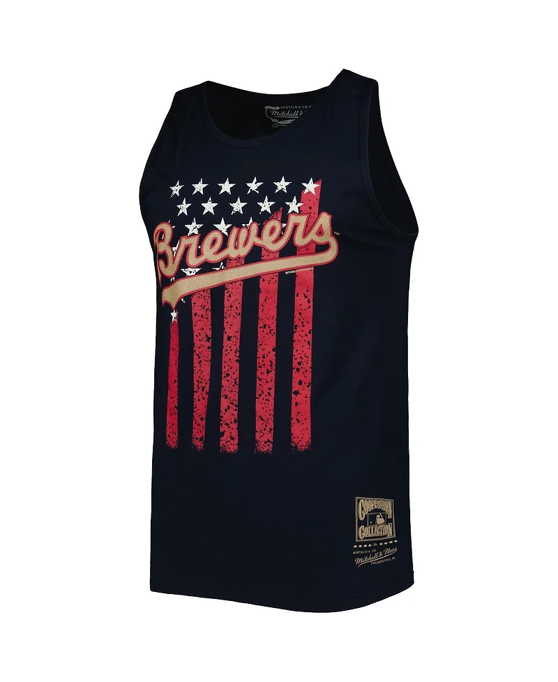 Men's Mitchell & Ness Navy Milwaukee Brewers Cooperstown Collection Stars and Stripes Tank Top