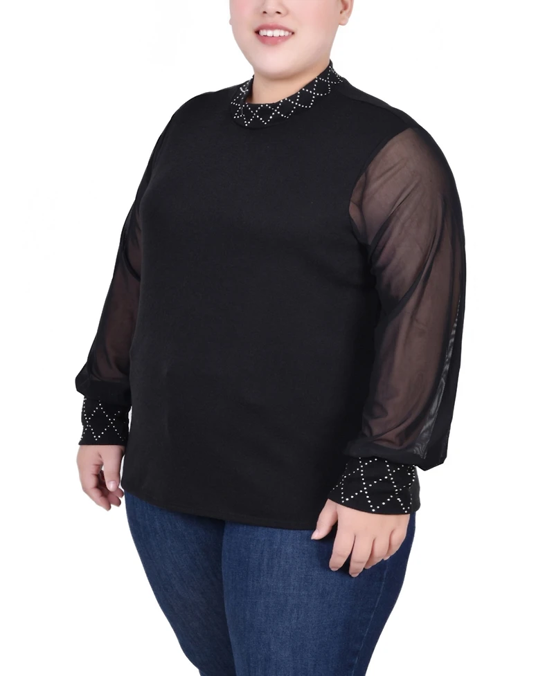 Ny Collection Plus Size Long Mesh Sleeve Pullover Top with Jewels