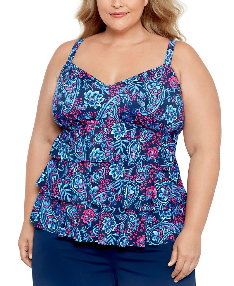 Swim Solutions Plus Size Triple Tier Printed Tankini Top, Created for Macy's