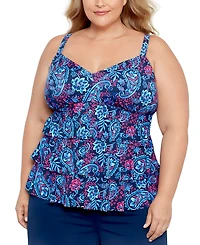 Swim Solutions Plus Size Triple Tier Printed Tankini Top, Created for Macy's