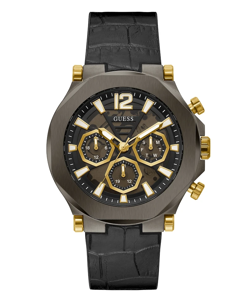 Guess Men's Multi-Function Black and Gunmetal Genuine Leather and Silicone Watch 46mm